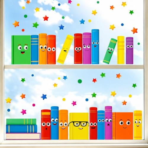 Einschulung Schuleinführung Schulanfang Deko Set - 9 Bögen Sticker Einschulung mit Buchmotiven - statisch haftende Fensterdeko für Schulanfang und Fensterbilder Klassenzimmer uvm