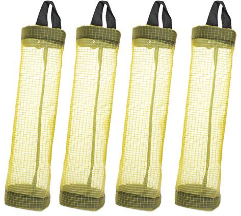 Distributeur de sacs poubelle pour la cuisine, Organisateur accrochant pliant de sacs à ordures de maille, Sachets en plastique transparents Support pour le recyclage des contenants(4pc Jaune)