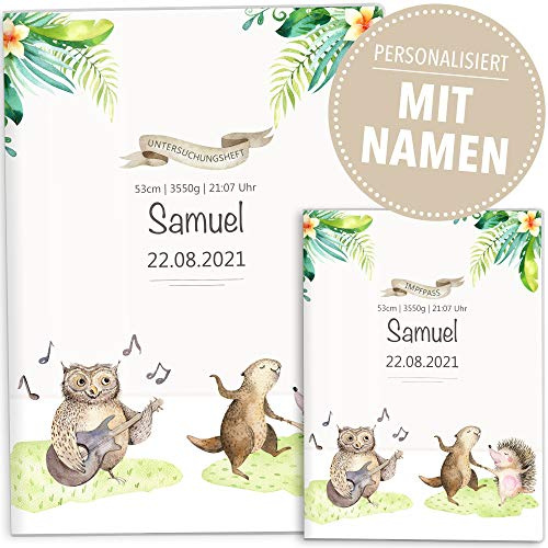 OLGS U-Heft- und Impfpasshülle Set | Tierfreunde | Eule Biber Igel | Hüllen für den Untersuchungsheft inkl. Impfpass personalisierbar mit Namen und Geburtsdatum (Uheft Set personalisiert, Musik)