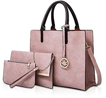 NICOLE&DORIS Sac à main en cuir 3 pièces sacoches sac fourre-tout cuir pour dames + bandoulière + porte-monnaie Rose