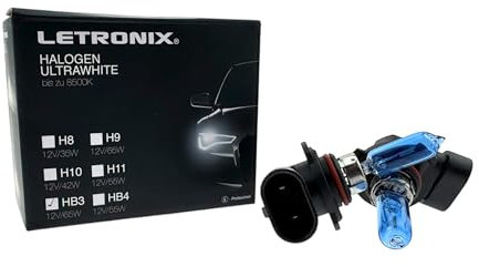 letronix Halogen Auto Lampen HB3 9005 12V 8500K Kalt Weiß Xenon Optik Gas Ultra White Look Birnen Lampe Abblendlicht Nebelscheinwerfer Fernlicht Kurvenlicht E-Prüfzeichen (LED Optik) (HB3 65W)