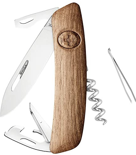 SWIZA Taschenmesser D03, Stahl 440, rostfrei, Klingensperre, Walnussholz-Griffschalen, 11 Funktionen