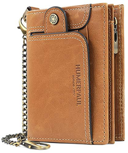 HNOOM Portafoglio Uomo Vera Pelle Blocco RFID Piccolo Bifold Portafogli con Catena Cerniera Portamonete Uomo 14 Porta Carte di Credito Mini Portafogli con Confezione Regalo (Marrone)