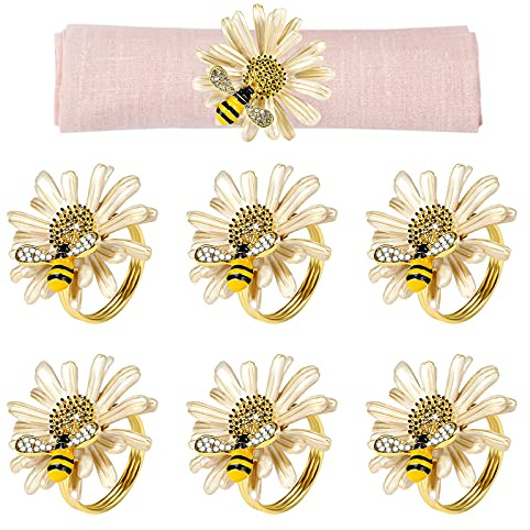 Kesote Daisy Sunflower Napkin Rings Set of 6, Gold Bee Napkin Ring Holders for Formal or Casual Dinning Table Decor