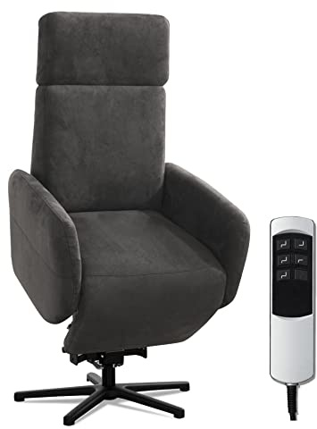 Cavadore TV-Sessel Cobra mit 2 Motoren, Akku + Aufstehhilfe / Fernsehsessel mit Liegefunktion, Relaxfunktion + Fernbedienung / Sternfuß, belastbar bis 130 kg / 71 x 110 x 82 / Lederoptik, Dunkelgrau