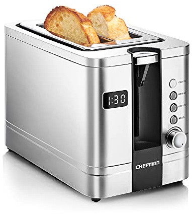 Chefman 2-Slice Digital Toaster, Pop-Up, Stainless Steel, Extra-Wide Slots For Bagels, Defrost, Reheat, Cancel Functions, Removable Crumb Tray