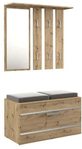 ADGO Opal 3in1 Flurmöbel-Set, Kleiderschränke, Spiegel und Kleiderbügel und Schuhschrank, Kompaktgarderobe für Ihren Eingangsbereich (Flur-Set, Artisan Eiche)(Versand in 2 Packungen)