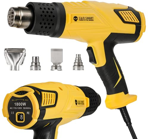 SainSmart Heat Gun, 1800W, Variable Temperature Control 120 °F-1202 °F, Fast Heat Hot Air Gun Soldering, with 4 Nozzles for Crafts, Epoxy Resin, Shrinking tubes, Stripping Paint, and Shrink Wrapping