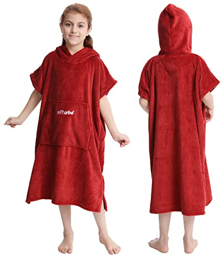 Hiturbo Barn ombytesrock handduk poncho badrock med huva för stranden, simning, surfing röd