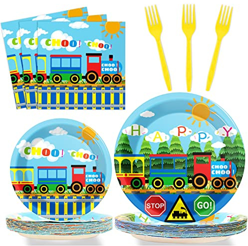 gisgfim 96 Pcs Train Plates and Napkins Party Supplies Train Birthday Party Tableware Set Train Theme Party Decorations Favors for Birthday Baby Shower Serves 24 Guests