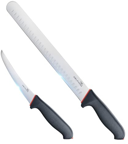 DELFINA Professional 2 Piece BBQ Knife Set, Japanese Style Premium Stainless Steel Chef Knife Set W/SoftGrip Handle, Multi-Purpose Slicing & Boning Knife Set for Kitchen Home Restaurant