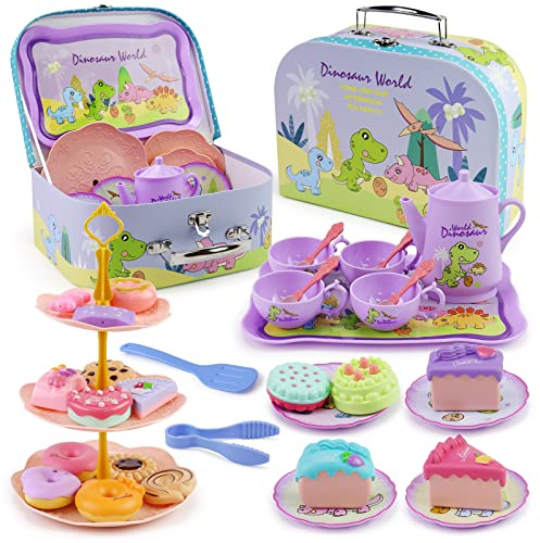 Motiloo 41 Pcs Dinosaurs Kids Tea Party Set with Carrying Case & Sweet Treats Playset - Pretend Toy Tin Tea Set for Little Girls - Princess Tea Time Pretend Play Tea Set Toys