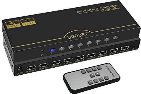 4K 30Hz HDMI Umschalter 8 in 1 out,8 Port Automatisch HDMI Switcher mit 5V-Netzkabel + IR-Infrarot-Empfänger,Umschaltung für Xbox, PS4,HDTV,TV Stick,BLU-Ray