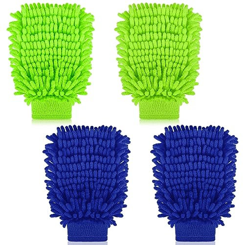 RosewineC 4pcs Car Wash Mitt, Double Sided Microfiber Car Wash Mitts, Super Absorbent Wash Gloves for Car Cleaning, Car Wash Cleaning Towels Brush, Scratch Guard Car Microfibre Cloth
