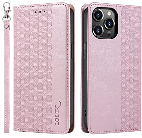 LOLFZ Case for iPhone 15 Pro, Leather Flip Wallet Case Card Slots Kickstand Wrist Strap Protective Magnetic Phone Case Cover for Apple iPhone 15 Pro - Rose Gold