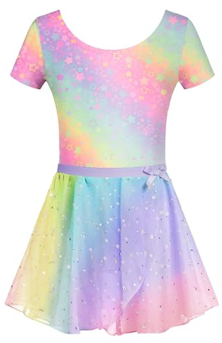 Arshiner Body da Balletto per Ragazze Vestito da Balletto a Maniche Corte Abbigliamento da Balletto per Bambini Vestito da Ballo Arcobaleno Body con Gonna tutù 4-5 Anni