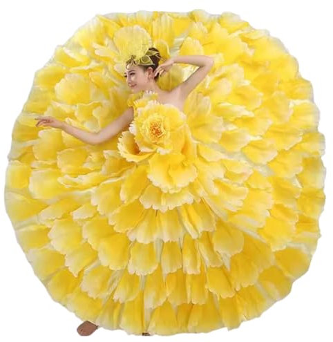 OTMYIGO Frauen Lange Flamenco Kleid Gypsy Spanisch Rock Big Swing Karneval Party Ballsaal Bauchtanz Kostüme Kleid ​,Yellow360°,XXL