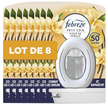 Febreze Petit Coin Désodorisant WC jusqu'à 50 jours Vanille x8 | En continu (7.5ml). Combat les odeurs. Fraîcheur jusqu'à 50 jours.
