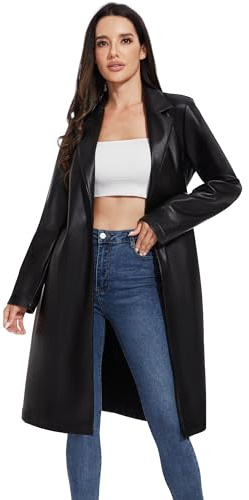Fahsyee Women's Faux Leather Trench Coat Long Moto Jacket Black | Pu Motorcycle Over Sizes Outwear Fasion