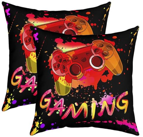 GamePad Theme Throw Pillow Covers,Watercolor Red Gaming Controller Cushion Covers 20x20 for Car RV Camper Office,Boys Teens Youth Gamer Lover Pillowcases Outdoor Pillow Covers Set of 2