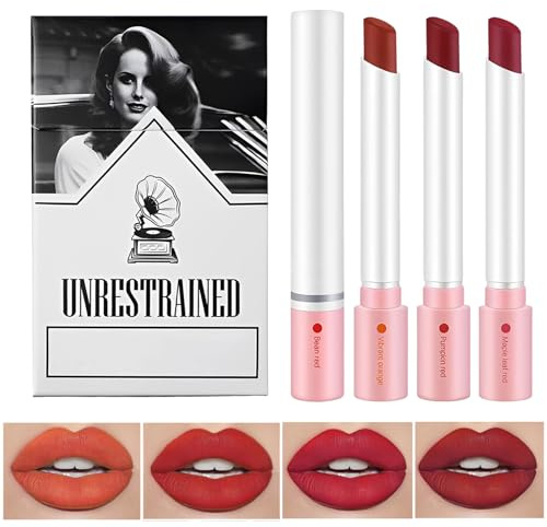 Juego de 4 barras de labios Lana Del Rey, juego de 4 barras de labios, brillo de labios Lana del Rey, cajas de pintalabios, juego de maquillaje para niñas y mujeres