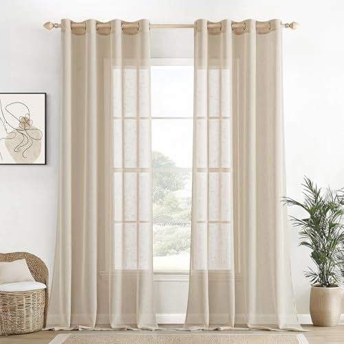 EMEMA Tende in Voile e Lino Trasparenti, Tenda con Occhielli, Soggiorno Moderno Set di 2 per Finestra 140 x 280cm Beige