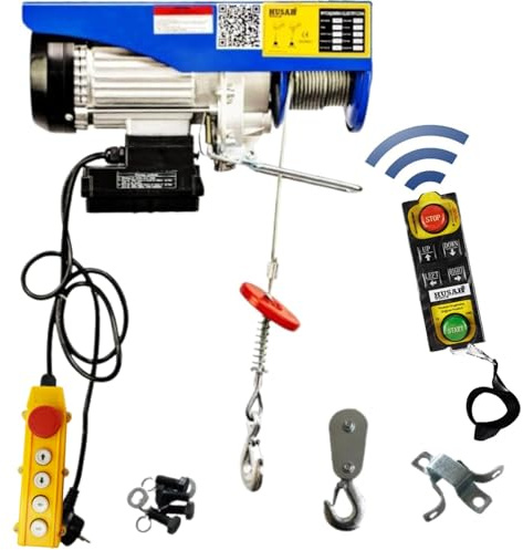Husar Winch Elektrische Seilwinde 230V 150/300 kg, maximale Hubhöhe 18 m, Wasserschutz IP54, automatische Bremse, Not-Aus-Schalter, kabelloser Fernbedienung