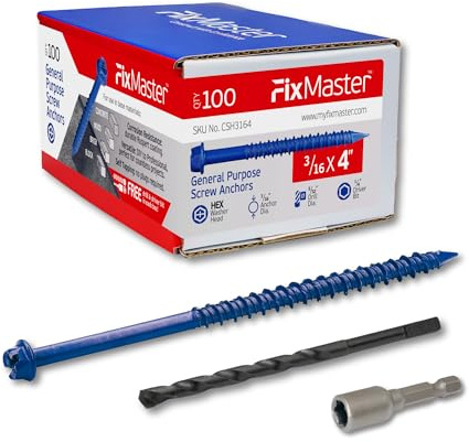 FixMaster 3/16 x 4 Hex Head Blue Concrete Screw Anchors (100 pcs Screw Kit) with one Screwdriver and Drill Bit for Concrete, Masonry, Block, Brick and Wood Fastening