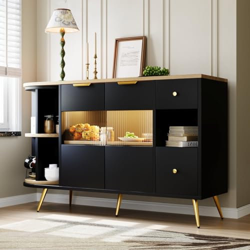 PUGSDRLY Buffet Salle à Manger, Salon Armoire de Rangement, Cuisine Avec Lumière LED, Utilisable Pour TV, Table de Bar, Bibliothèque, Toilette (Noir)