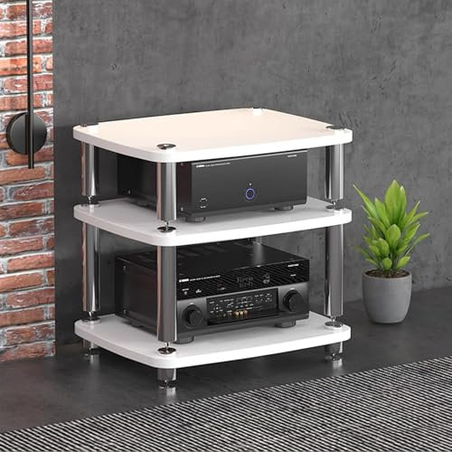GUAWJRZDP Hölzerner Hi Fi Regal, Hi Fi Rack mit Stoßdämpfenden Füßen, Audio Rack Hi Fi Regal, Record Player Stand for Entertainment-Stereo, Rack-Audio-Tower mit Metallstahlrahmen(Wit,3-Tier)