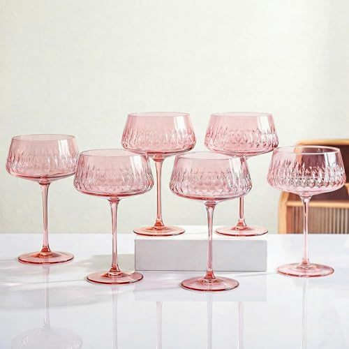 JOVGANK Pink Martini Glasses Set of 6, Hand Blown Colored Cocktail Glass 14Oz, Large Vintage Champagne Coupe Glasses, Crystal Retro Style Bar and New Year Drinking Glasses, Mother's Day Gift