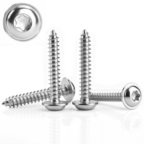80 vis à tôle en acier inoxydable M4x20mm à tête bombée avec tête plate en bois et disque 304 inoxydable autotaraudeuses Torx A2 V2A vis à filetage complet (argent)