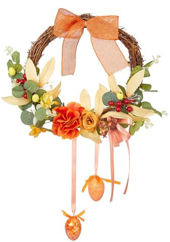 Corona de Pascua - Corona artificial para puerta de Pascua con nudo de lazo, coronas de Pascua con huevos, decoraciones de Pascua para puerta de casa, ventana y hogar, corona de primavera para