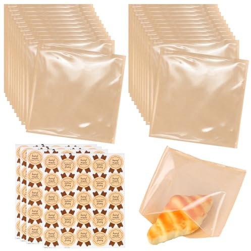 Hoxfly Sac à Sandwich, 100 Pcs Sachet Papier Alimentaire avec Autocollants, Sac Kraft Pochette, Sacs à Déjeuner Emballage Alimentaire pour Snacks, Sac à Grille Pain Réutilisables pour Bonbons, Cadeau