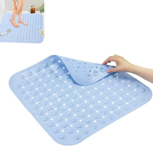 Alfombrilla de ducha antideslizante, 48 x 48 cm, cuadrada, antideslizante, con ventosas, lavable a máquina, para ducha y bañera, azul claro