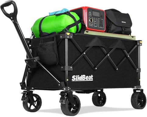 SLIDBEAT Carrello da Campeggio Portatile 120L, Carrello Spiaggia Ruote Grandi con Maniglia Regolabile, Carrello da Giardino Pieghevole Adatto a Tutti i Terreni