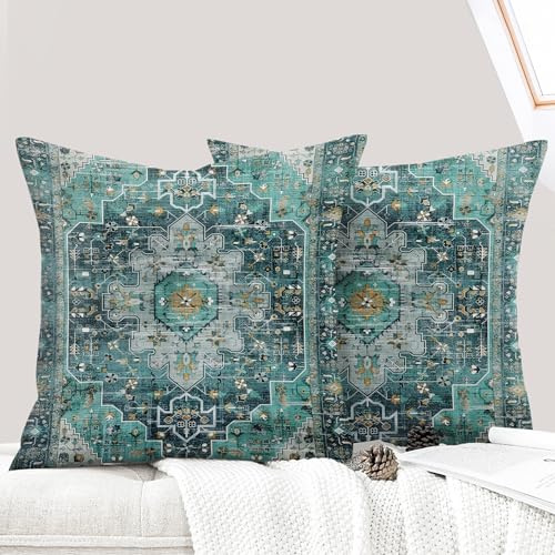 ECZOIL 2er Set Boho Kissenbezug 40x40 cm Kissenhülle Dekorative Boho Stil Vintage Zierkissenbezüge Kissen für Sofa Sessel Zuhause Schlafzimmer mit Verstecktem Reißverschluss - Cyan