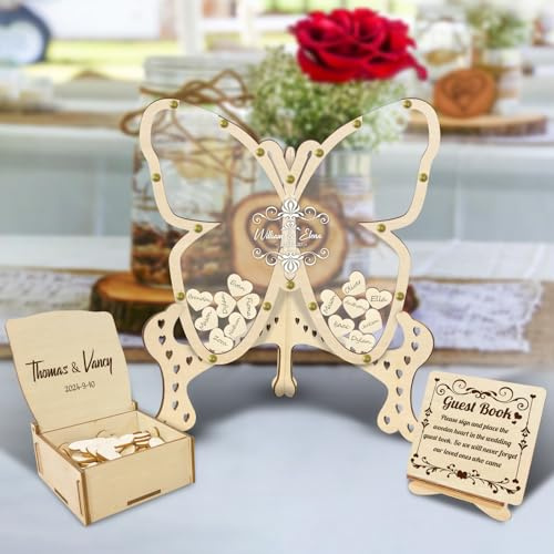 KOLOWKO Wedding Guest Book Alternative - Butterfly Drop Box with Heart Pieces - Rustic Wood & Acrylic Sign-in Book for Wedding Reception-Unique Wedding Keepsake Frame