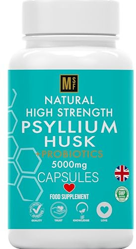 Fibre Supplement 5000mg Psyllium Husk with Acidophilus Probiotics | 120 High Strength Vegan Capsules | Natural Soluble Fibre from Plantago Ovata Seeds 1-A-Day Digestive Support | 4 Months Supply