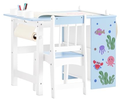 SoBuy Kindertisch mit 1 Stuhl, Kindersitzgruppe mit 1 Papierrollenhalter, Kinder Tisch Stuhl Set, Spieltisch und Maltisch für Kinderzimmer, Maltisch für Kinder, Hellblau 80x66x50 cm KMB60-B