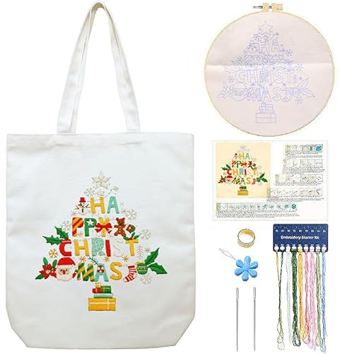 CREAWONDER Kit da ricamo a mano per borsa, kit da ricamo con motivo per principianti, kit di artigianato fai da te per adulti, include istruzioni, cerchi da ricamo, fili colorati e strumento