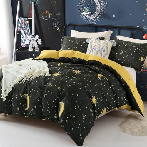 Duvet Cover Set Double Galaxy Moon Star Bedding Set For Boys Girls, Black Yellow Reversible Ultra Soft Microfiber Duvet Cover