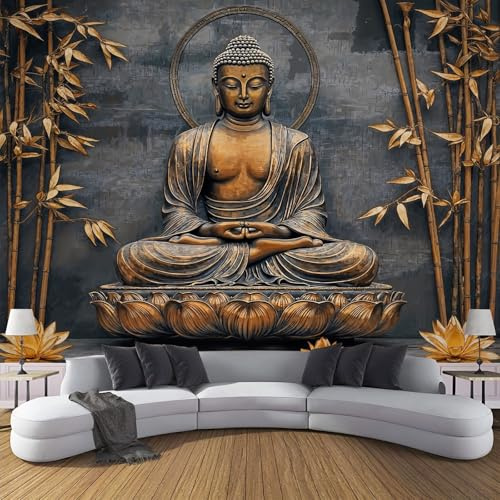 Papel Pintado Pared Estatua Buda Bambú Loto 250×175cm Papel Tapiz Fotomurales 3D, Zen Escultura Plantas Dormitorio Salón Tv Fondo Pared, Moderna XL Decora Murales, Gris Murales Fotográficos