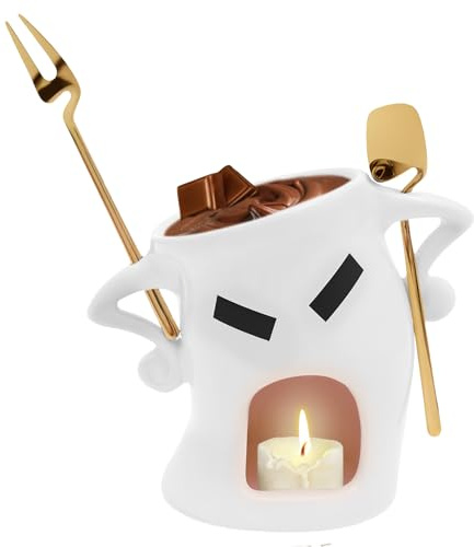 Gatphy Schokofondue Tasse Set Keramik Schoko Fondue Kerzenwachs Erhitzen mit Exquisites Messer Gabel Schokoladenfondue Tasse Geisterform für Passend Dazu Erdbeeren Kekse Käsekuchenstücke