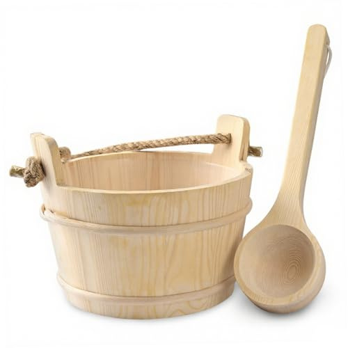 Juego de cubo y cucharón para sauna, cubo de baño de gran capacidad de 4L con mango de cuerda natural, accesorios de sauna para hombres y mujeres juego de cucharón