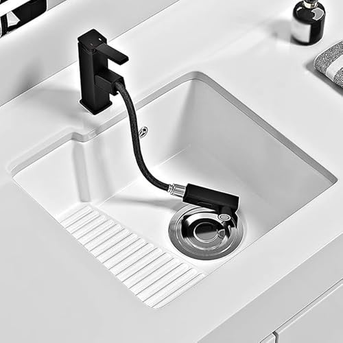 Lavabo Bagno in Ceramica con Asse da Lavare, Lavatoio Lavanderia, Lavabo Bagno con Rubinetto Estraibile e Foro di Troppo Pieno, per Piccole Famiglie e Appartamenti(58.5x44.5cm/23x17.5in)