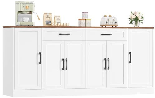 BOTLOG 71” Large Buffet Cabinet with Storage, Sideboard Buffet Cabinet with Adjustable Shelves and 6 Soft-Close Doors, Wood Coffee Bar Console Table for Kitchen, Dining Room, White