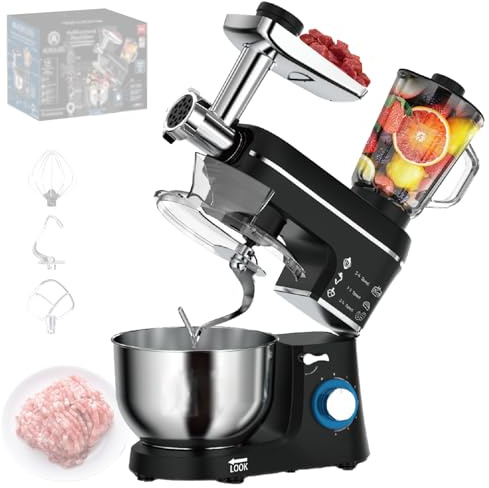 Pnpaea Impastatrice Planetaria 10 L, 1400 W, Impastatrice Planetaria Elettrica, Tritacarne, Frullatore, con Ciotola in Acciaio Inox,per Preparare Torte, Centrifuga,Salsicce,Ragù Black