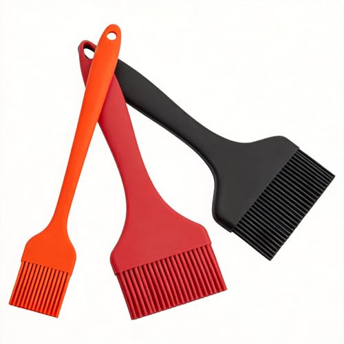 Zuuyye Pennelli in Silicone Cucina, Set di 3 pennelli da Forno (21cm) Resistenti al Calore in Nero/Rosso/Arancione - Senza BPA per Grigliare, Cucinare e Cucinare