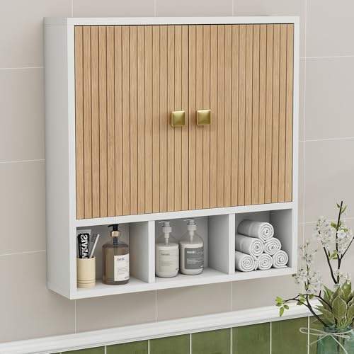 Hängeschrank Bad, Badezimmerschrank hängend, Weiß, 2-türig, 13x56x58cm | Wandmontage platzsparend, 2 Türen + 3 offene Fächer, verstellbar, Weiß, wasserabweisend. Für Bad, Küche, Flur.